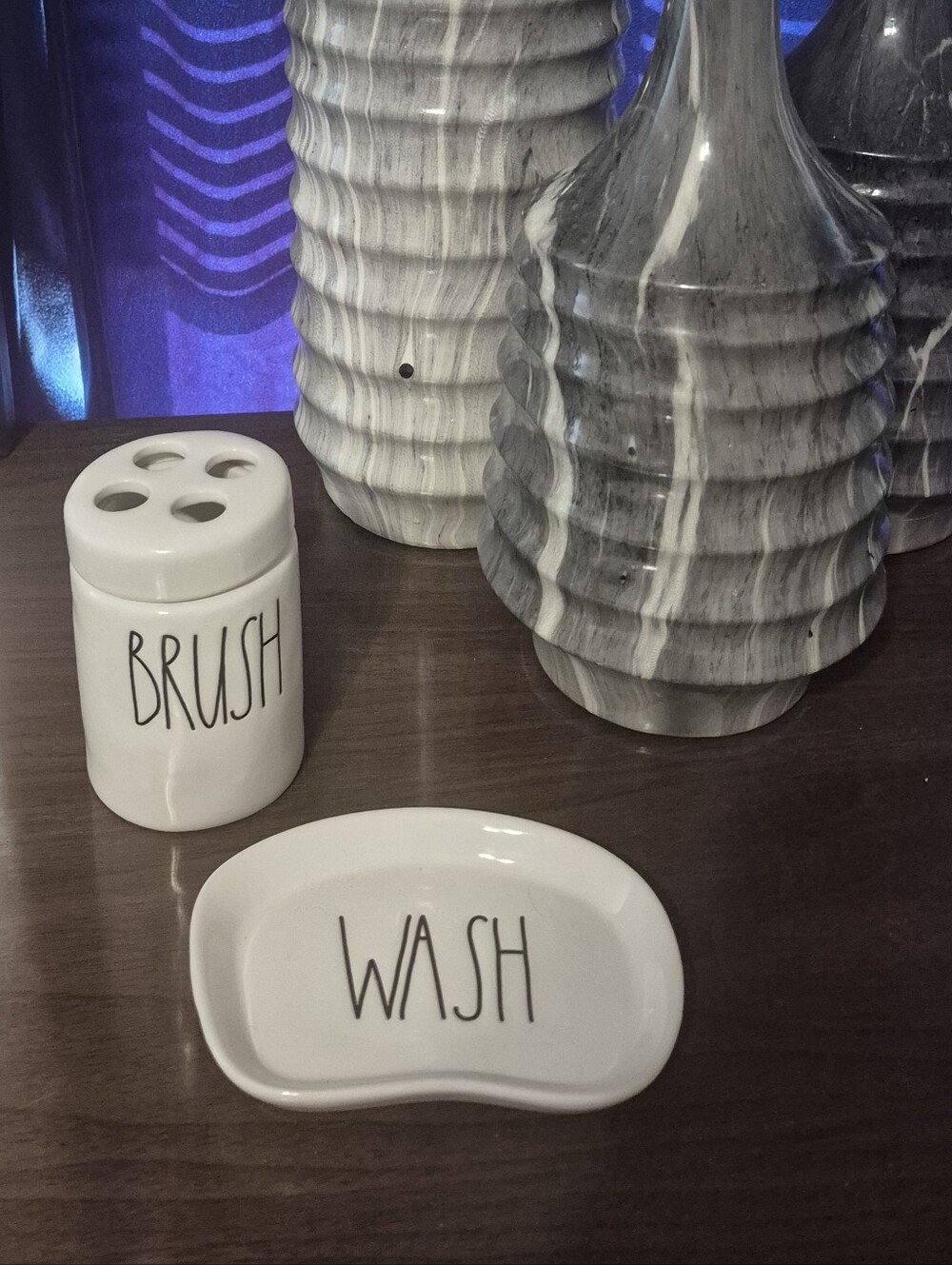 Rae Dunn White Ceramic 'BRUSH' Toothbrush Holder and 'WASH' Soap Dish Set